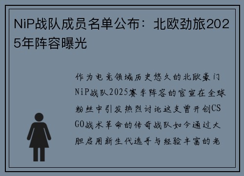 NiP战队成员名单公布：北欧劲旅2025年阵容曝光